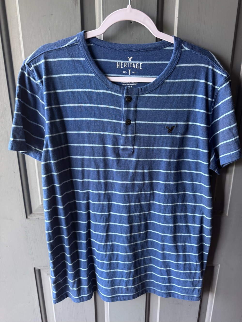 American Eagle Outfitters Navy and Light Blue Striped Henley Tee